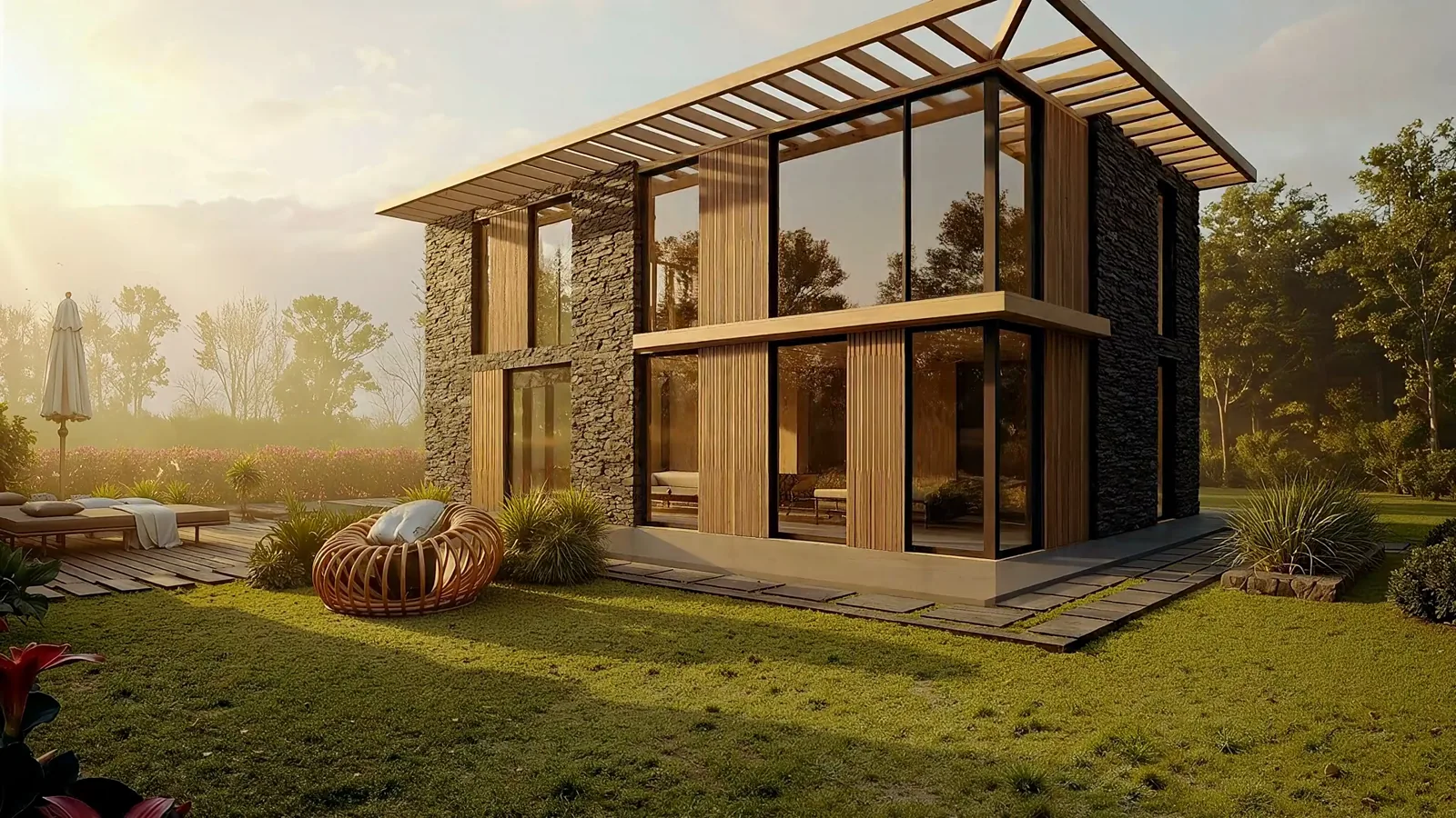Taş ve ahşap malzemeli tamamlanmış modern konut Taş ve ahşap malzemeli tamamlanmış modern konut
